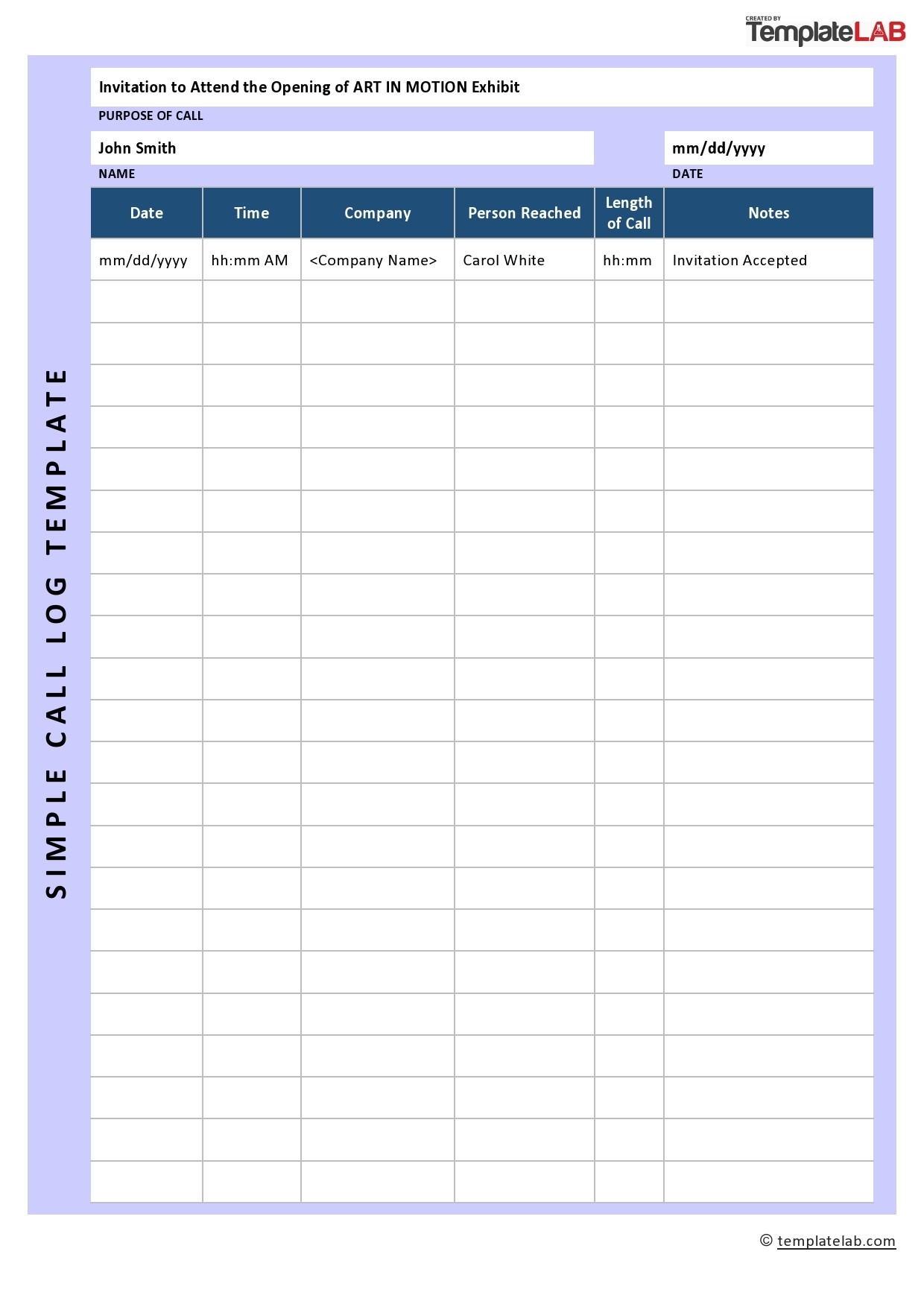 Call Log Template Printable