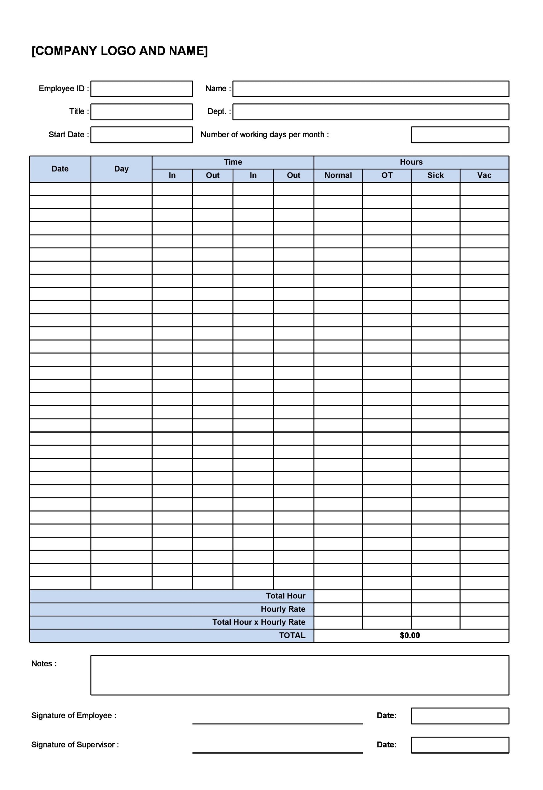Printable Daily Time Log Template
