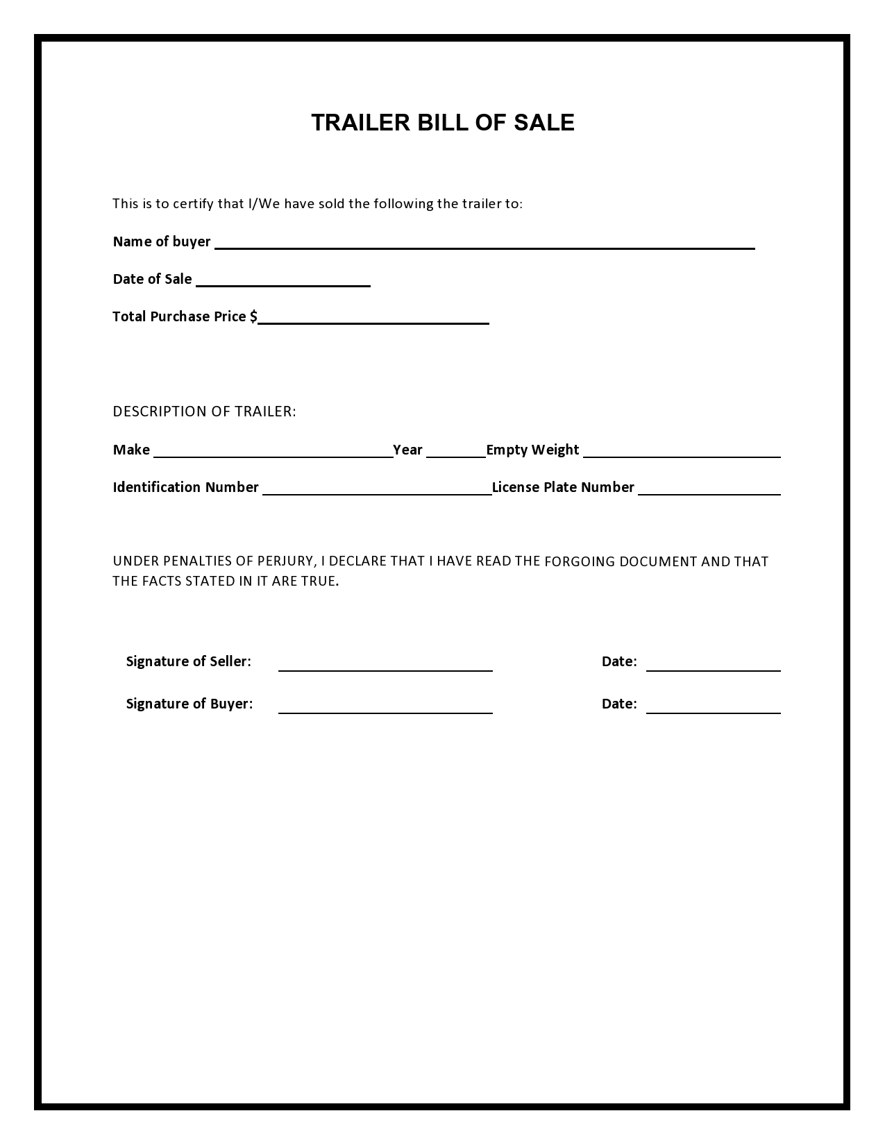 Free Printable Trailer Bill Of Sale Template