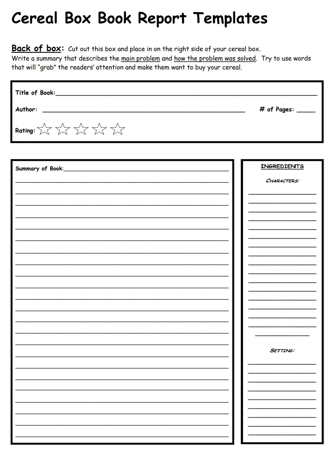 Printable Cereal Box Book Report Template Free