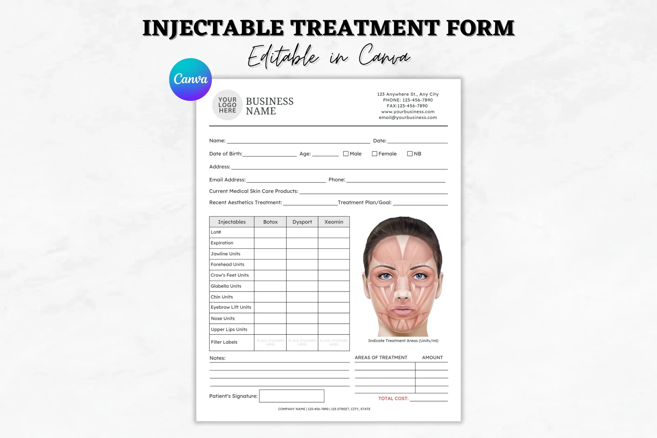 Printable Botox Treatment Record Template
