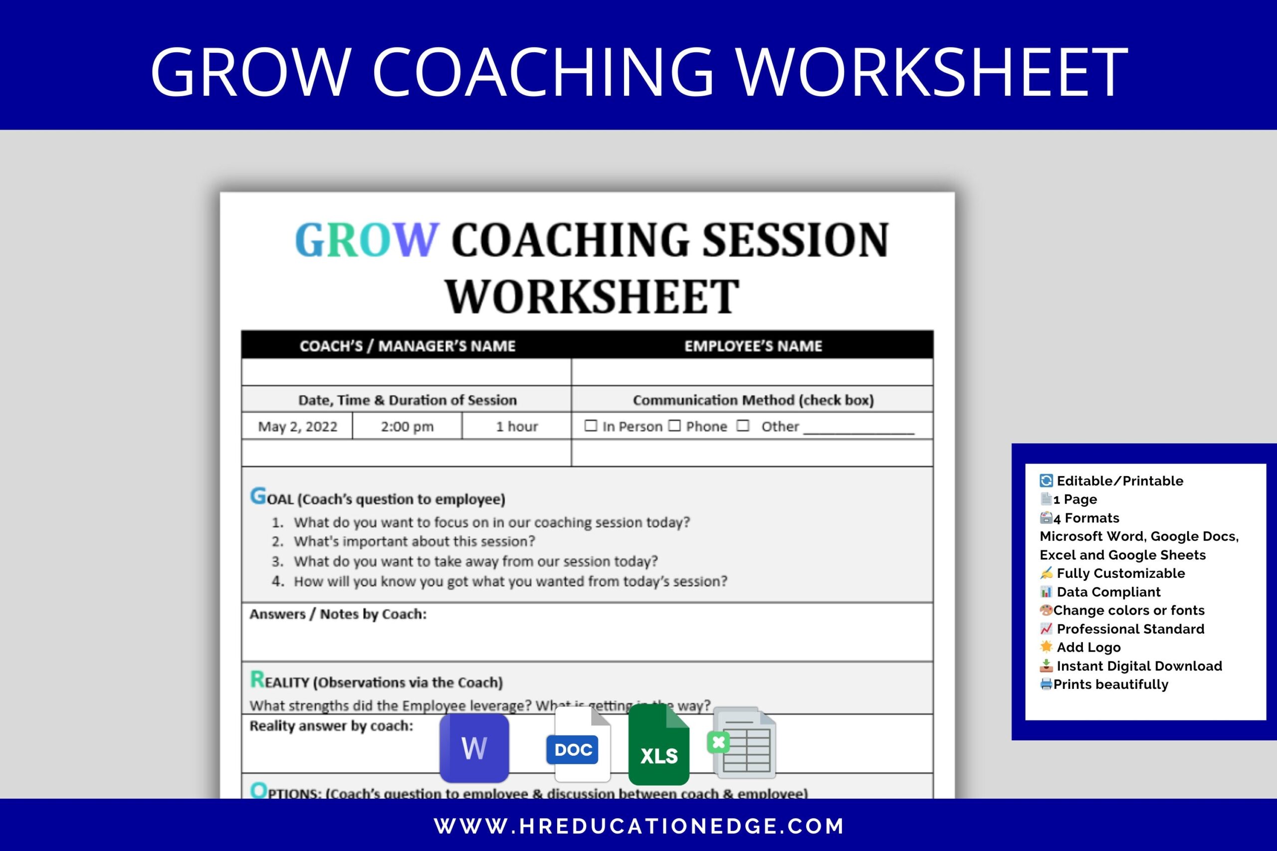 Buy Employee Coaching Worksheet GROW Model HR Template word 