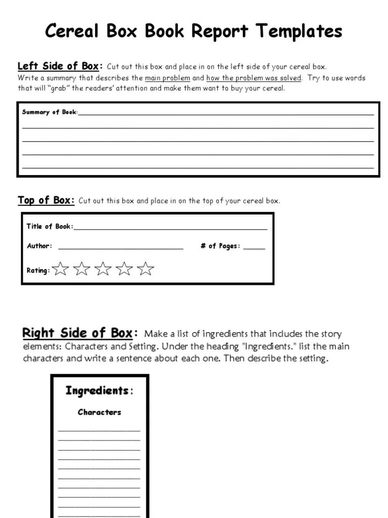 Cereal Box Book Report Templates PDF Self Improvement