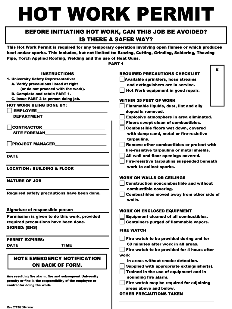 Printable Hot Work Permit Template Word
