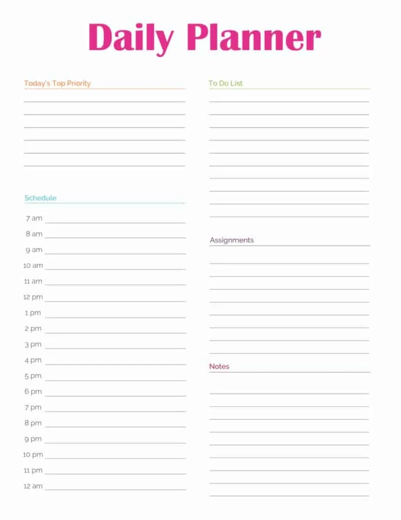 Printable Work Day Organizer Template