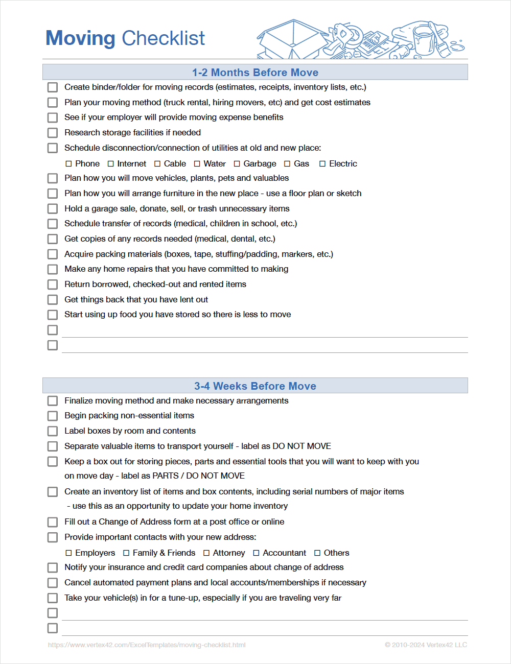 Detailed Moving Checklist Printable Moving Checklist For Excel