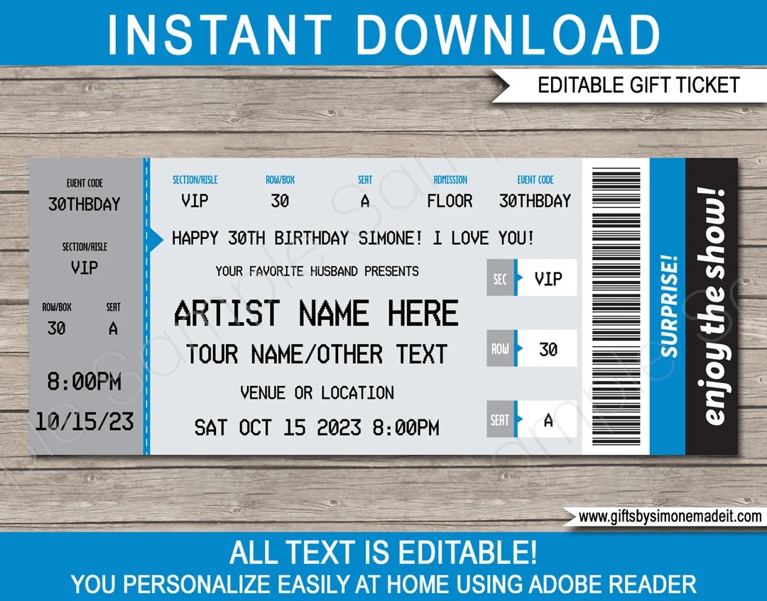 Editable Event Ticket Template Concert Show Surprise Gift 