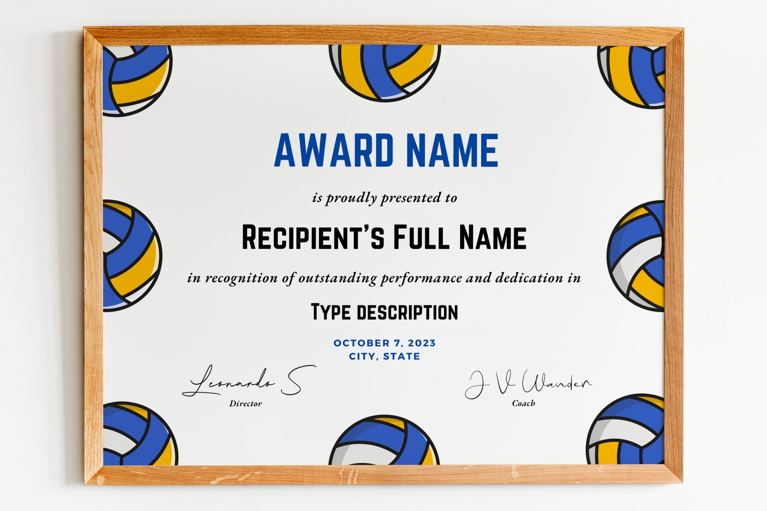Editable Volleyball Award Certificate Template Printable