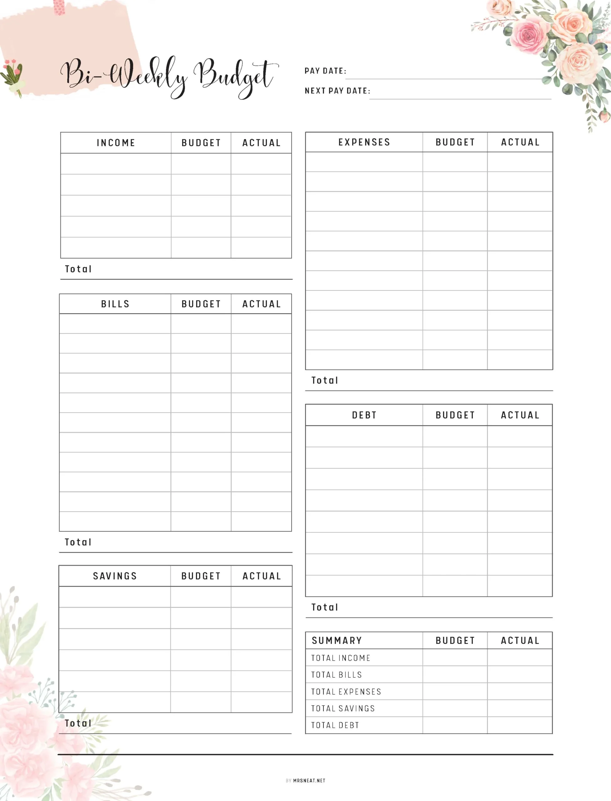 Floral Bi Weekly Budget Template PRINTABLE M307 Mrsneat