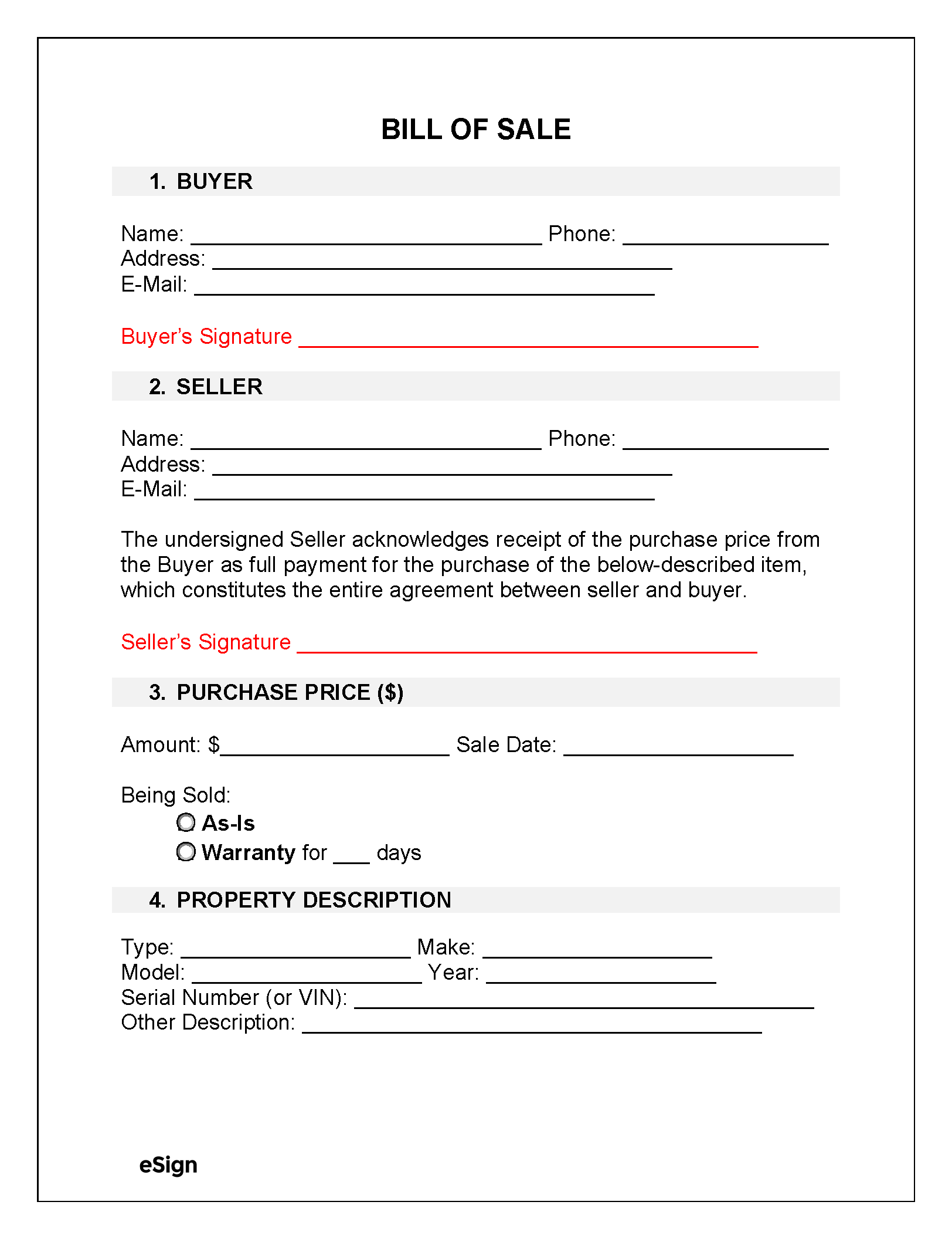 Printable Bill Of Sale Template Word