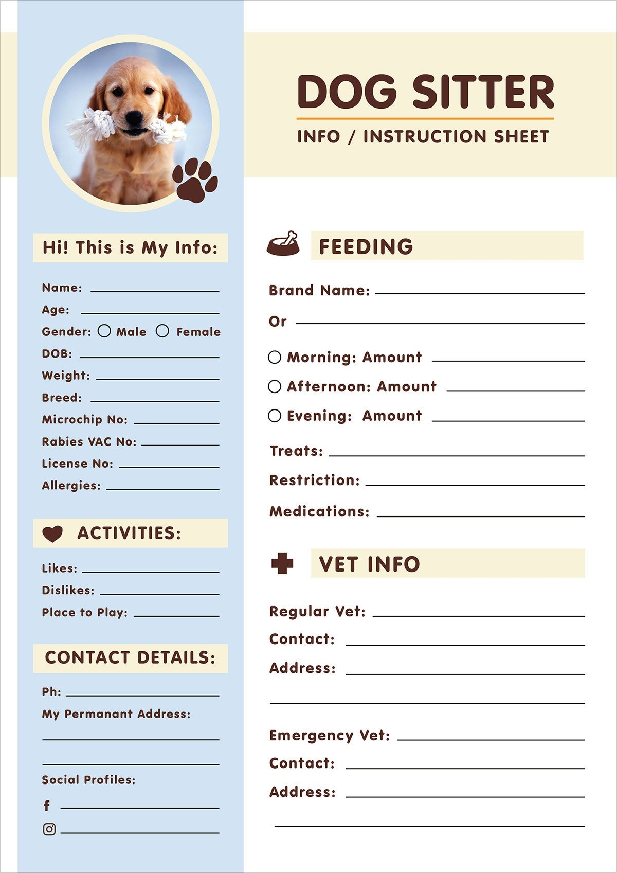 Free Dog Sitter Instruction Information Sheet Design Template 