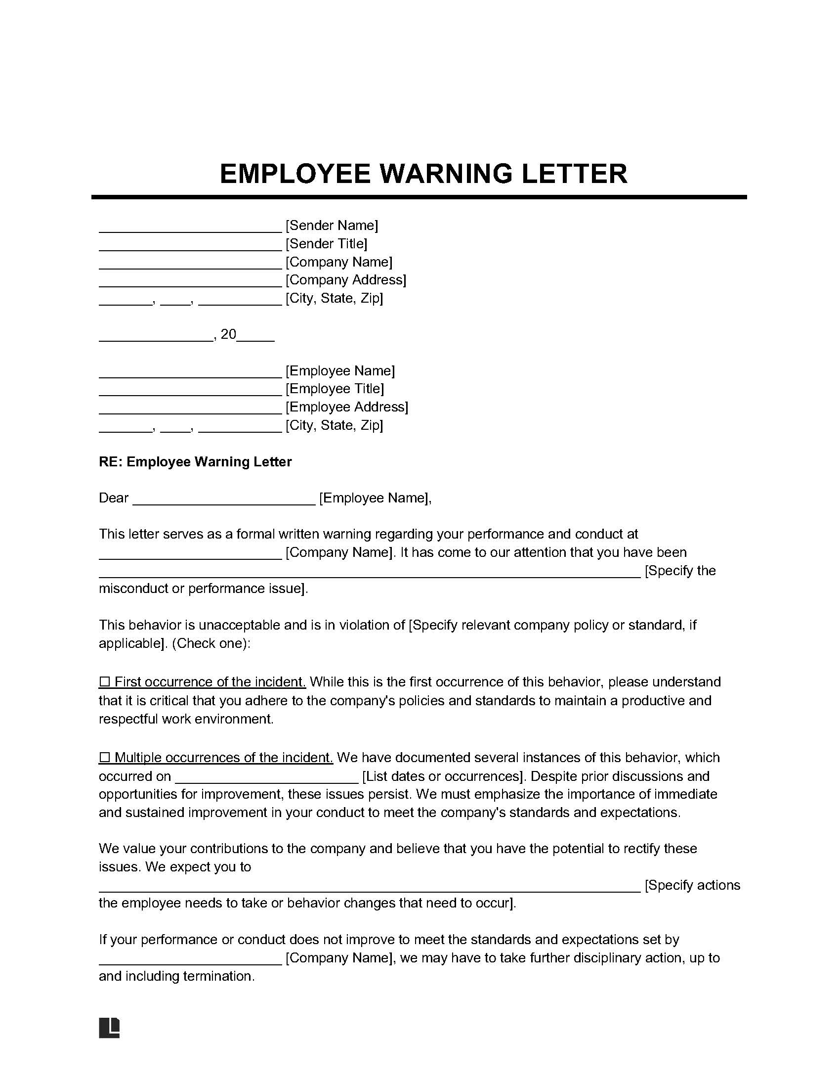 Printable Employee Written Warning Template Free