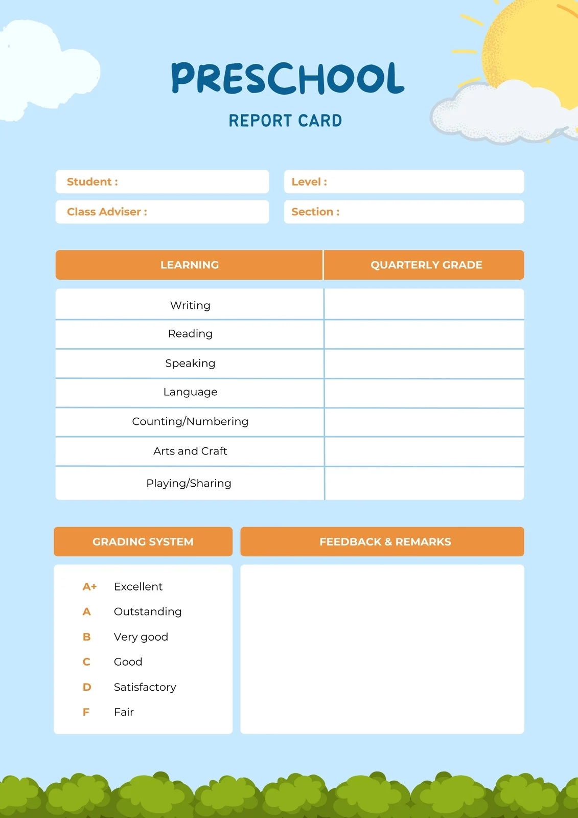 Free Printable Preschool Progress Report Template