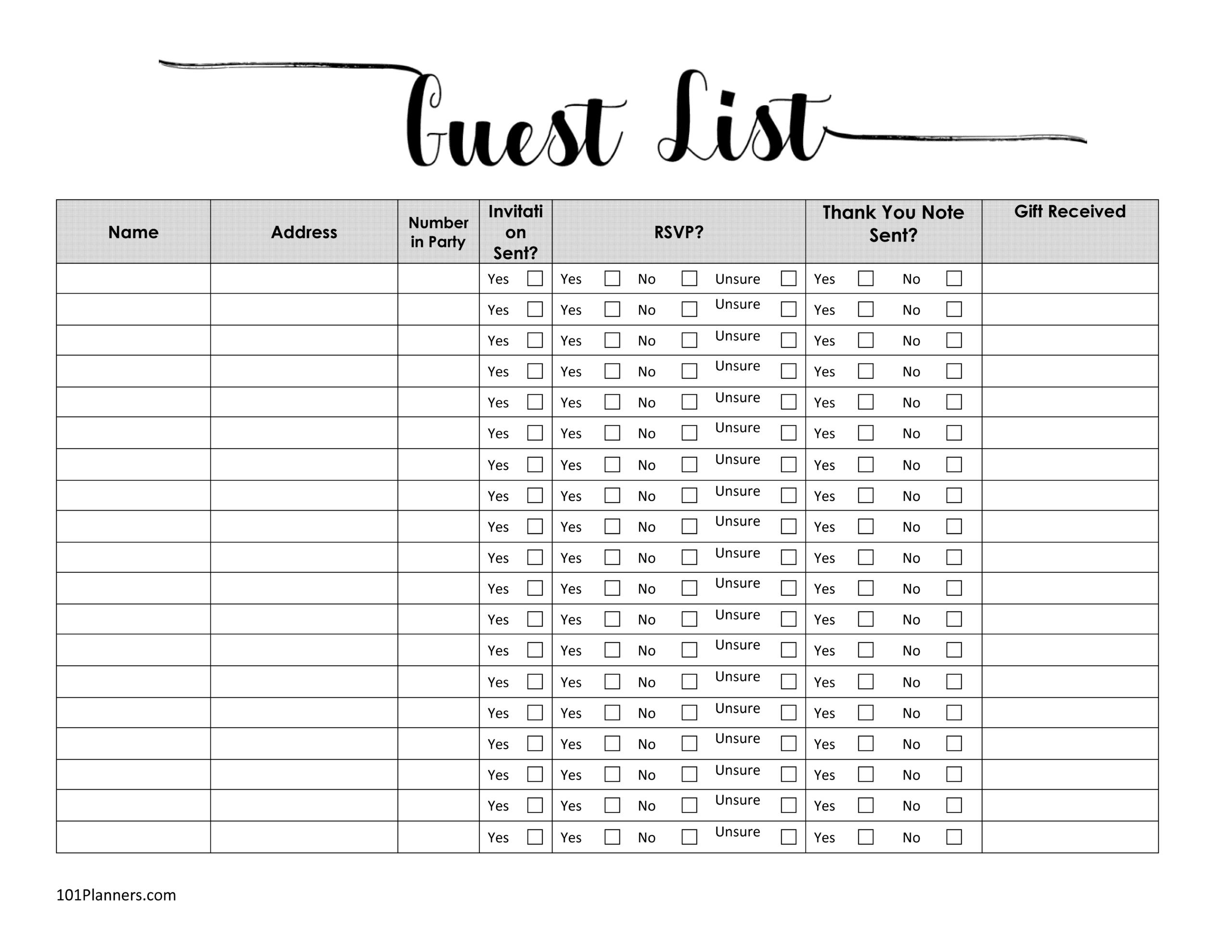 Free Printable Printable Wedding Guest List Template