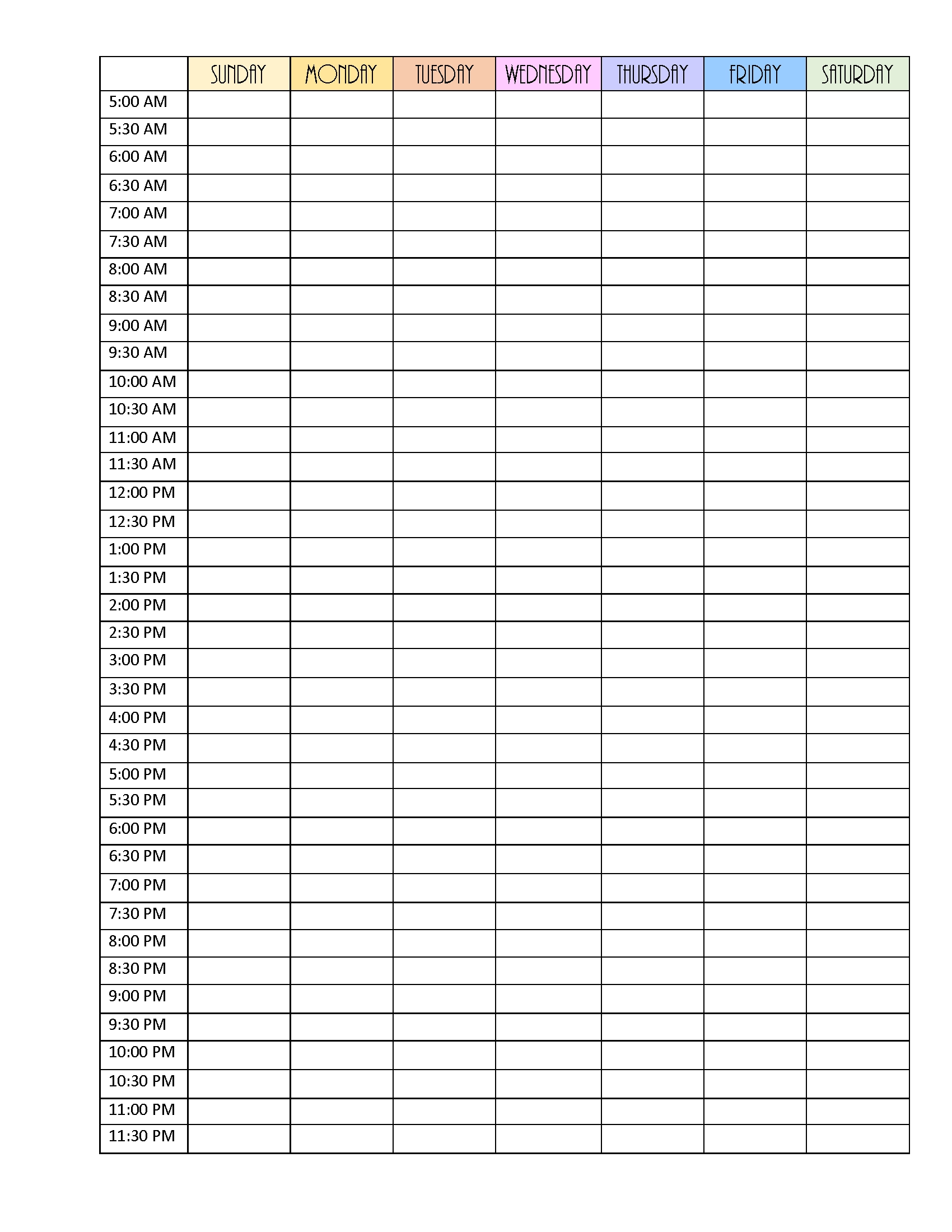 Printable Hourly Weekly Schedule Template