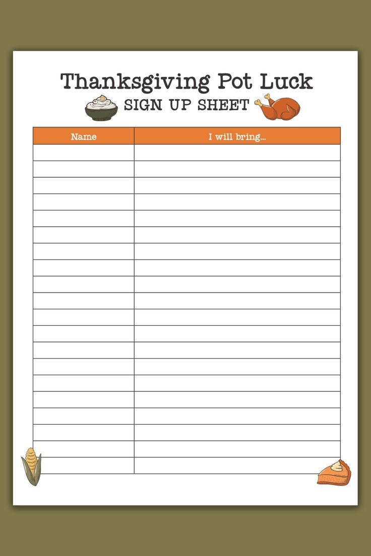 Free Printable Thanksgiving Potluck Sign Up Sheet Set Google