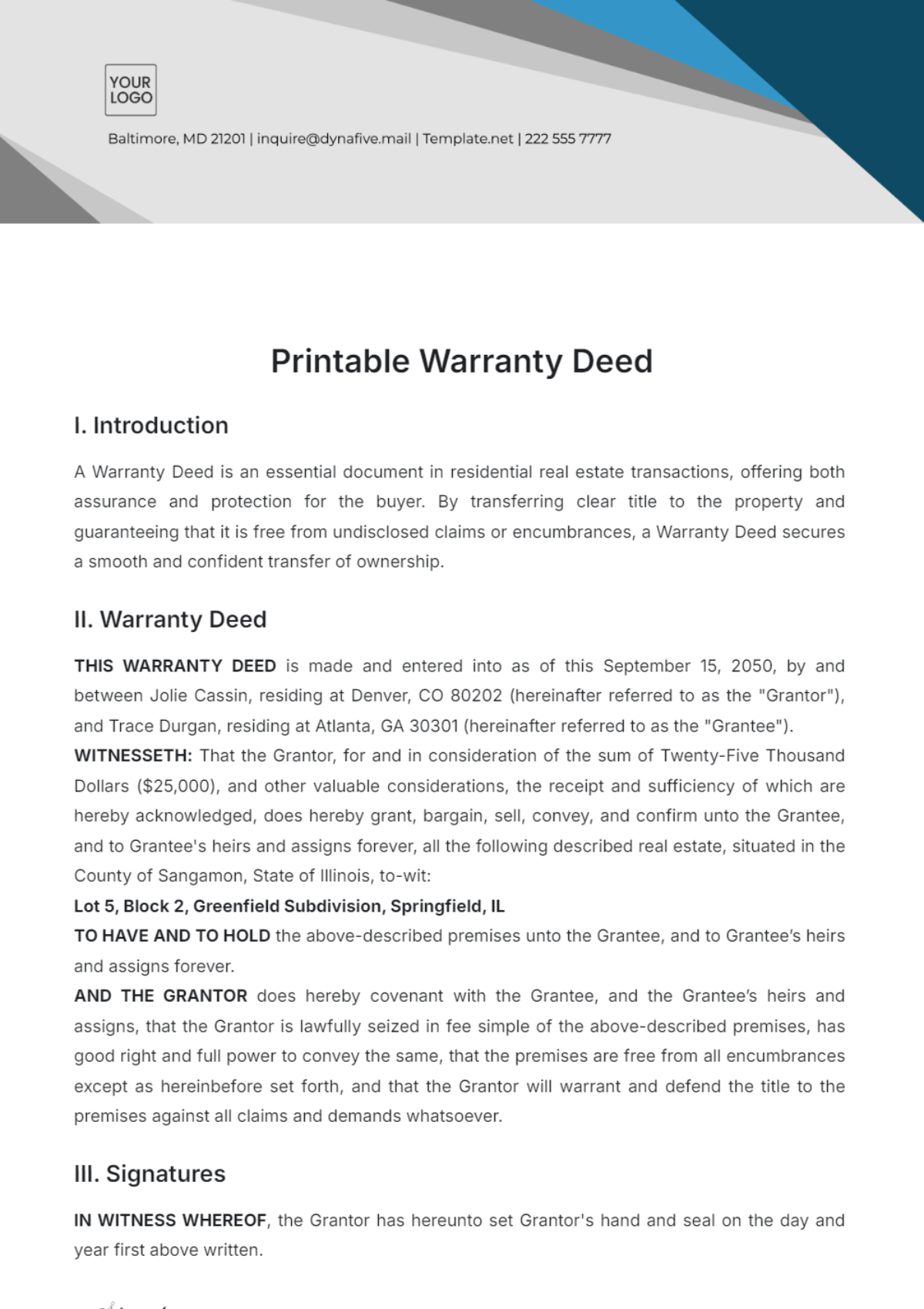Free Printable Warranty Deed Template