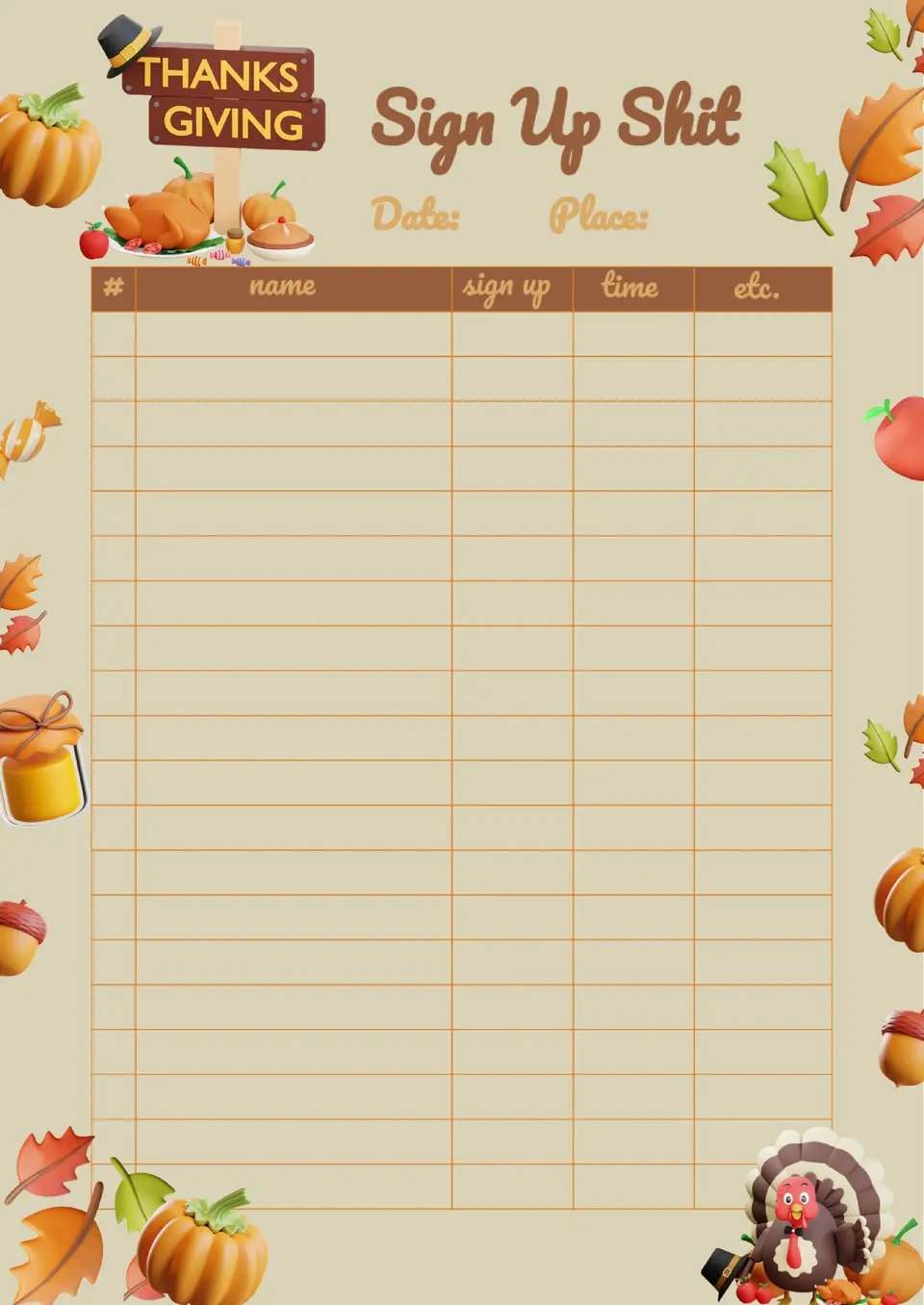 Free Printable Thanksgiving Sign Up Sheet Template