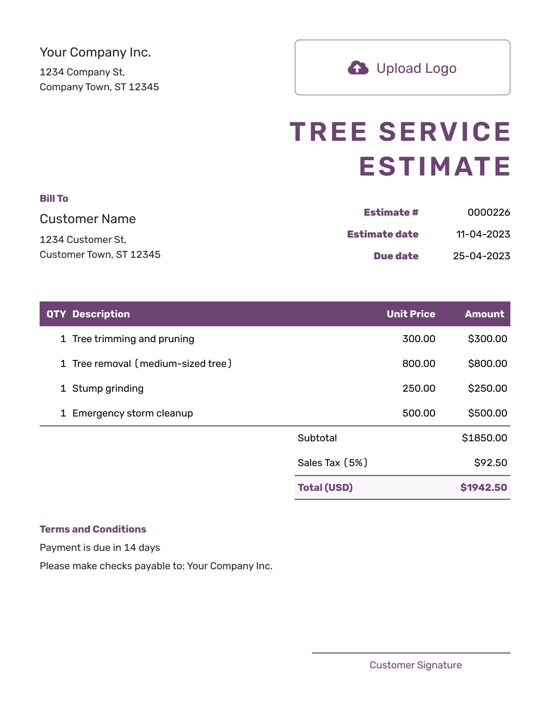 Printable Tree Service Estimate Template