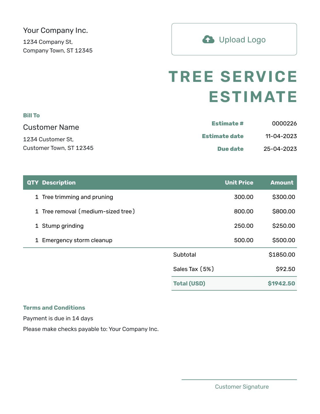 Free Tree Service Estimate Template Docelf