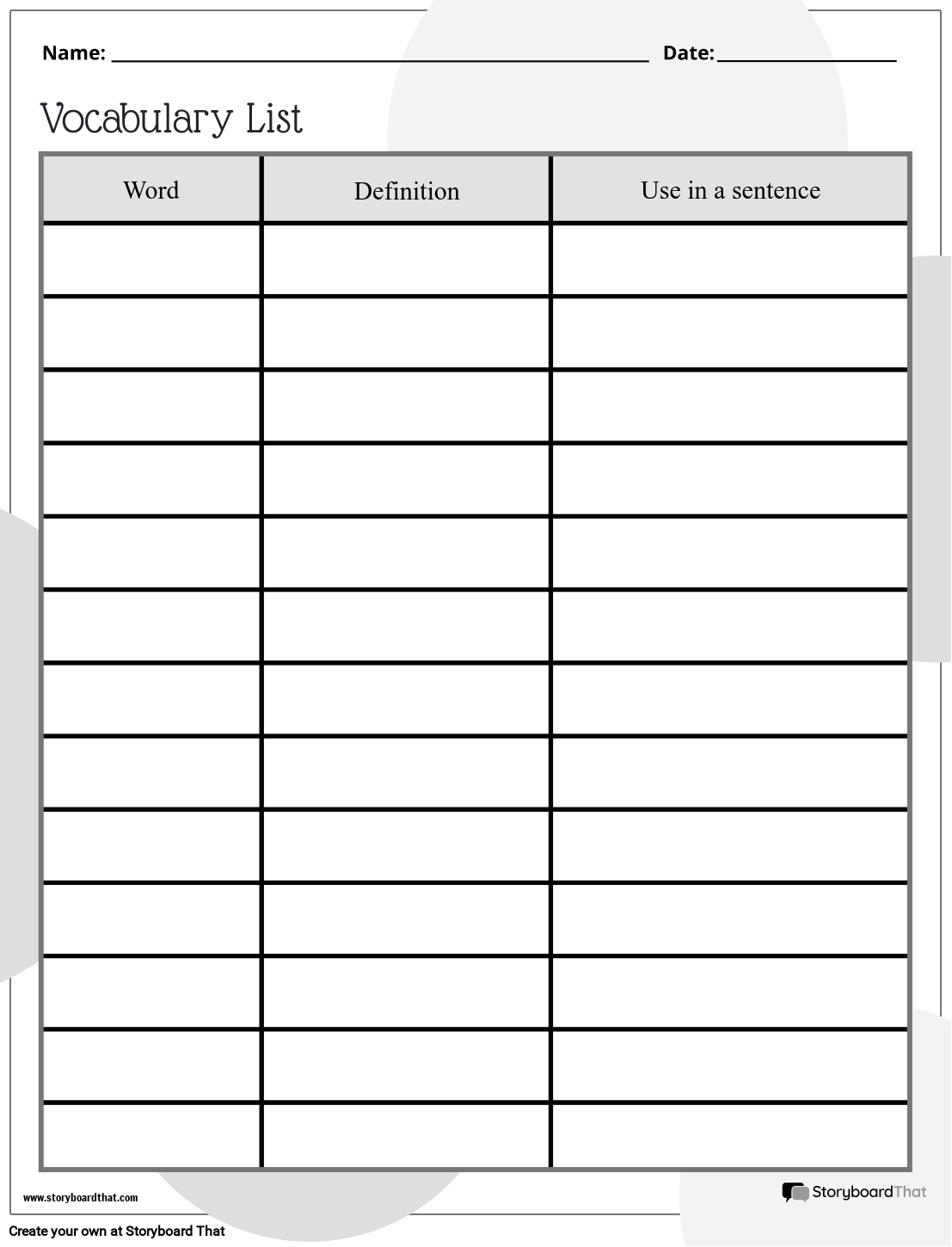 Printable Blank Vocabulary Worksheet Template