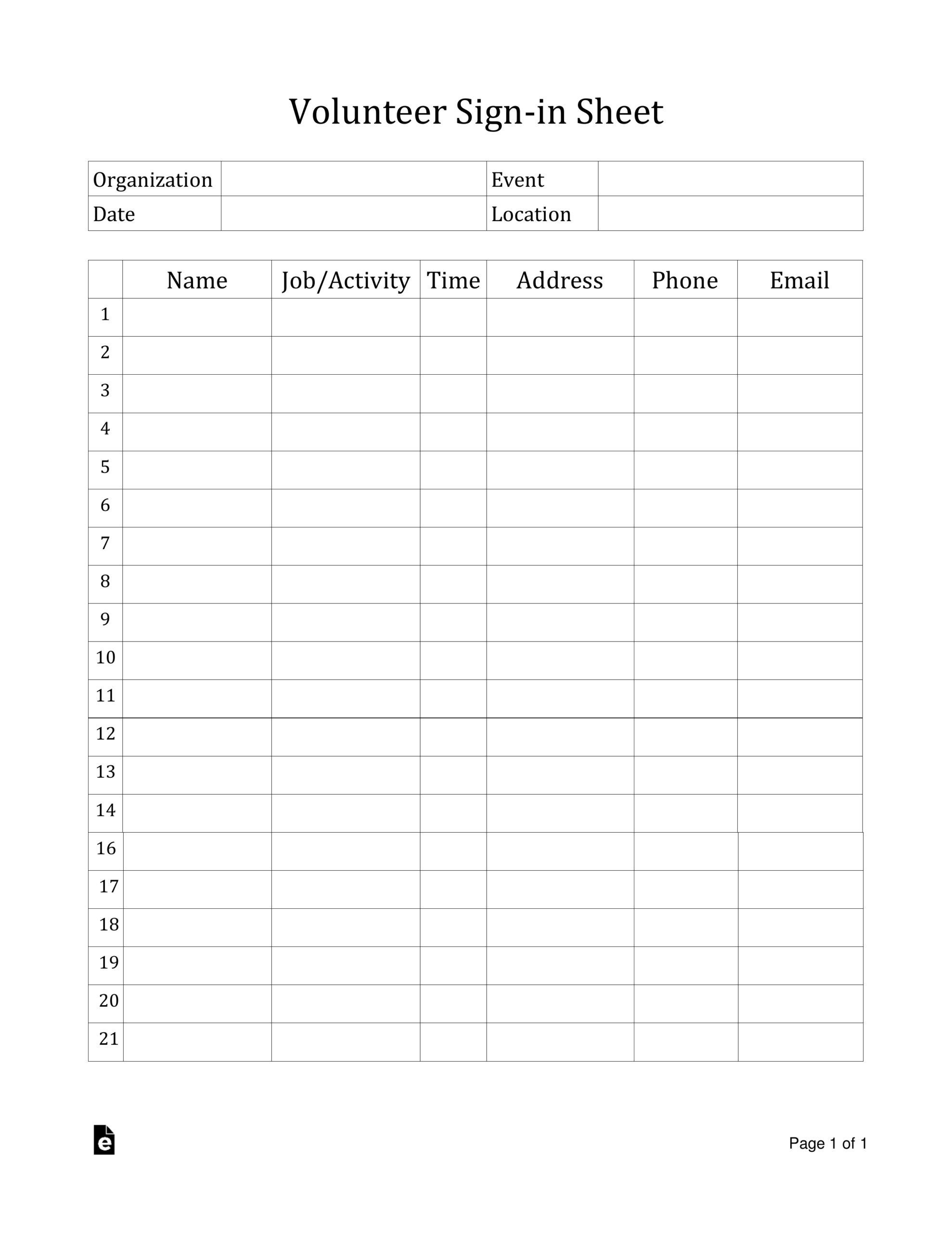 Free Volunteer Sign in Sheet Template PDF Word EForms