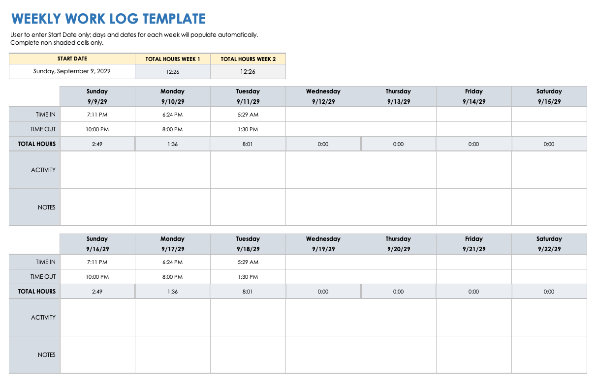 Printable Weekly Work Log Template