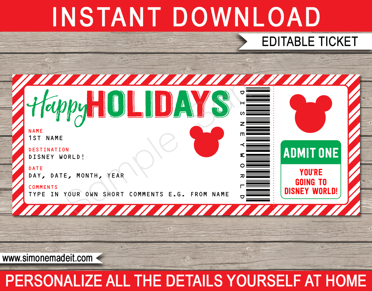 Holiday Walt Disney World Ticket Template