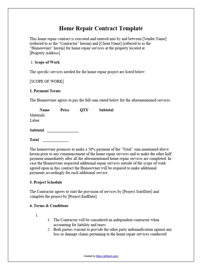 Free Printable Simple Home Repair Contract Template