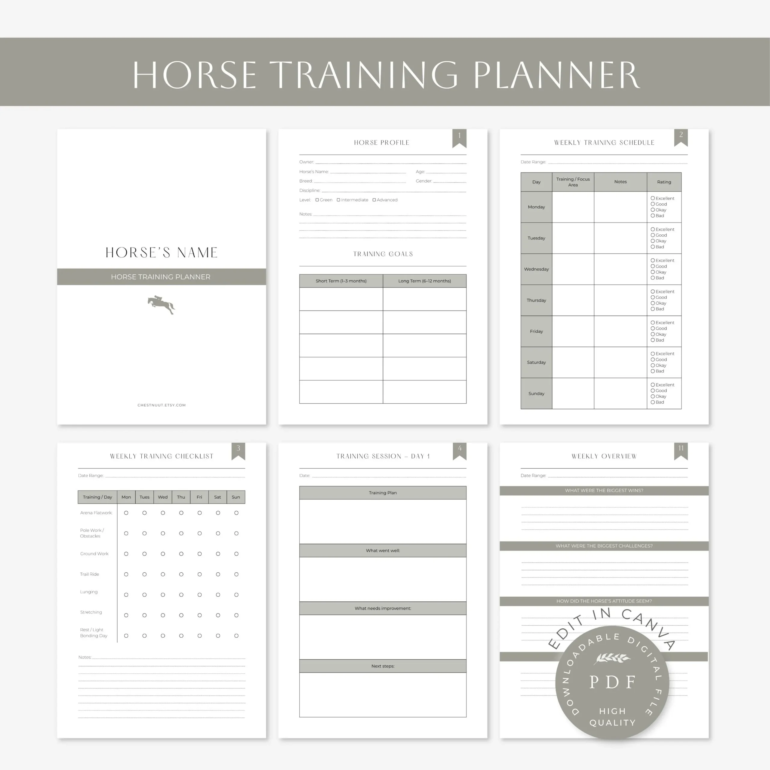 Horse Training Planner Equine Training Log Printable Horse 