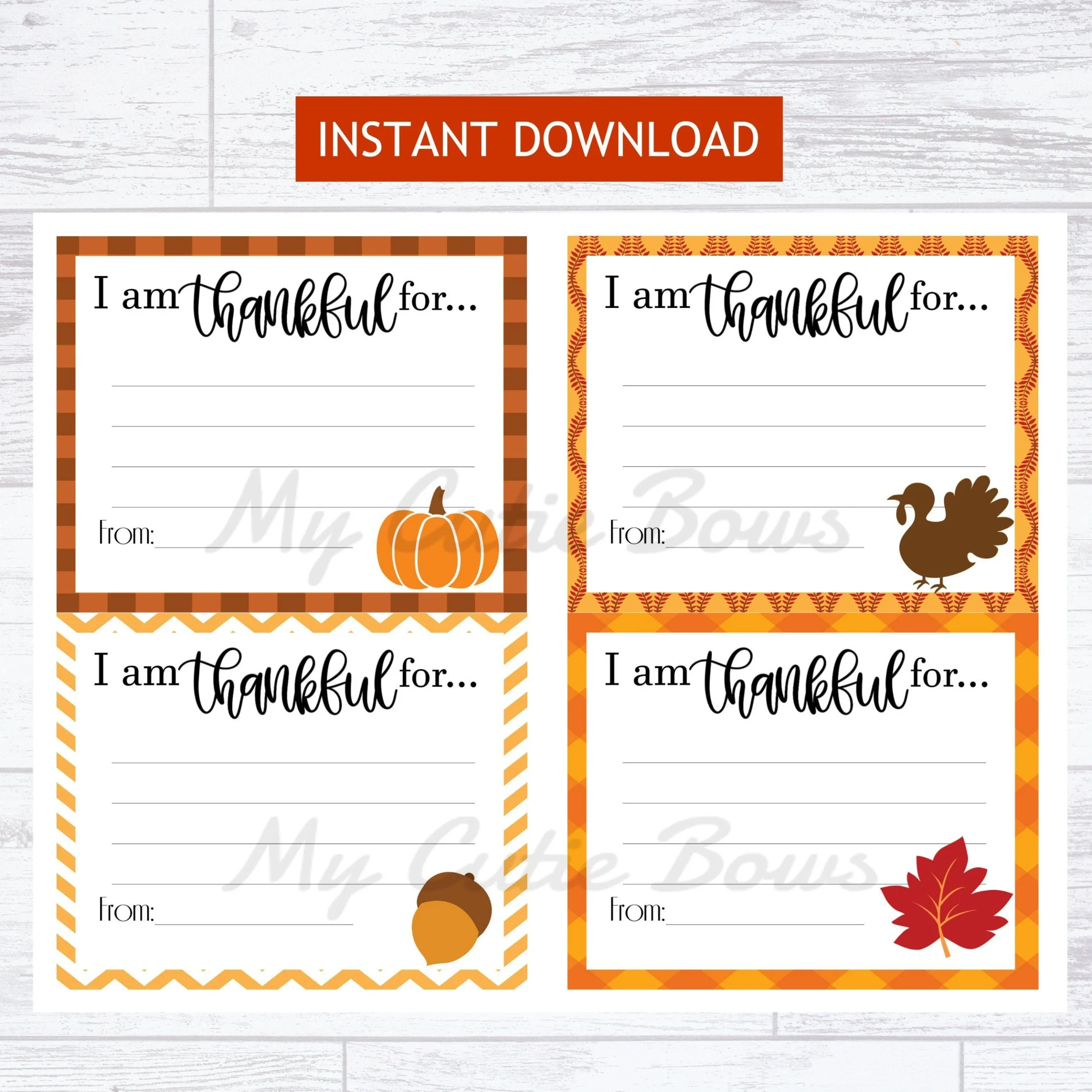 I Am Thankful Digital Download Thanksgiving Cards Printable 