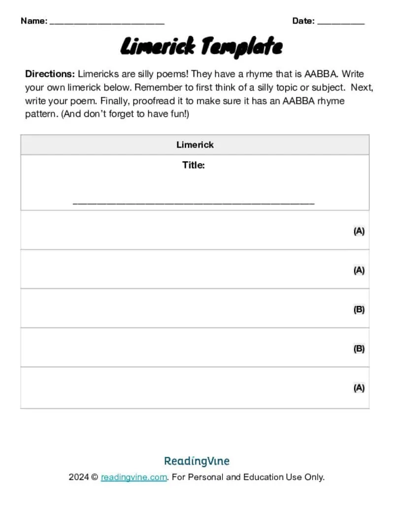 Limerick Poem Template ReadingVine