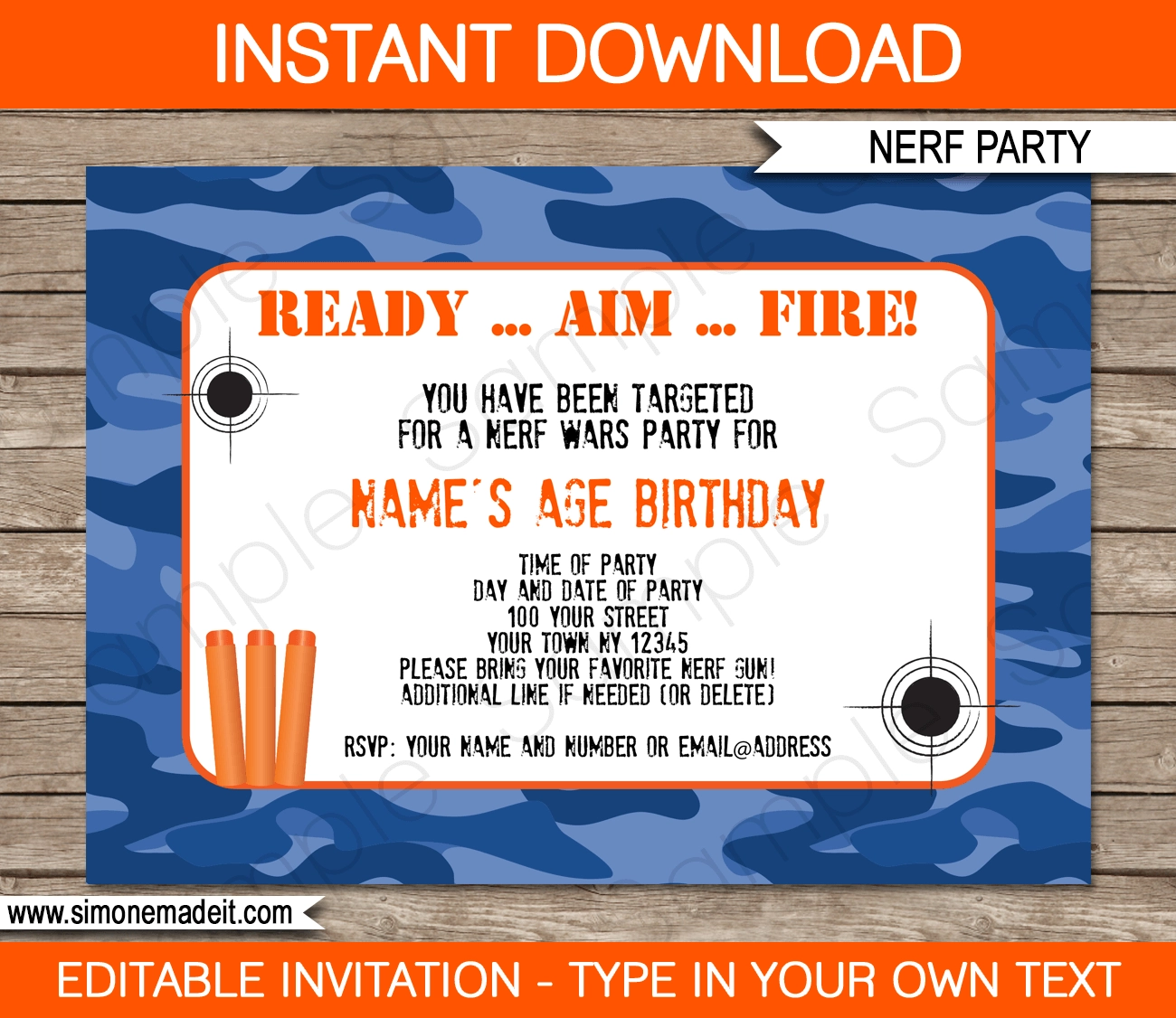 Nerf Party Invitations Template Blue Camo