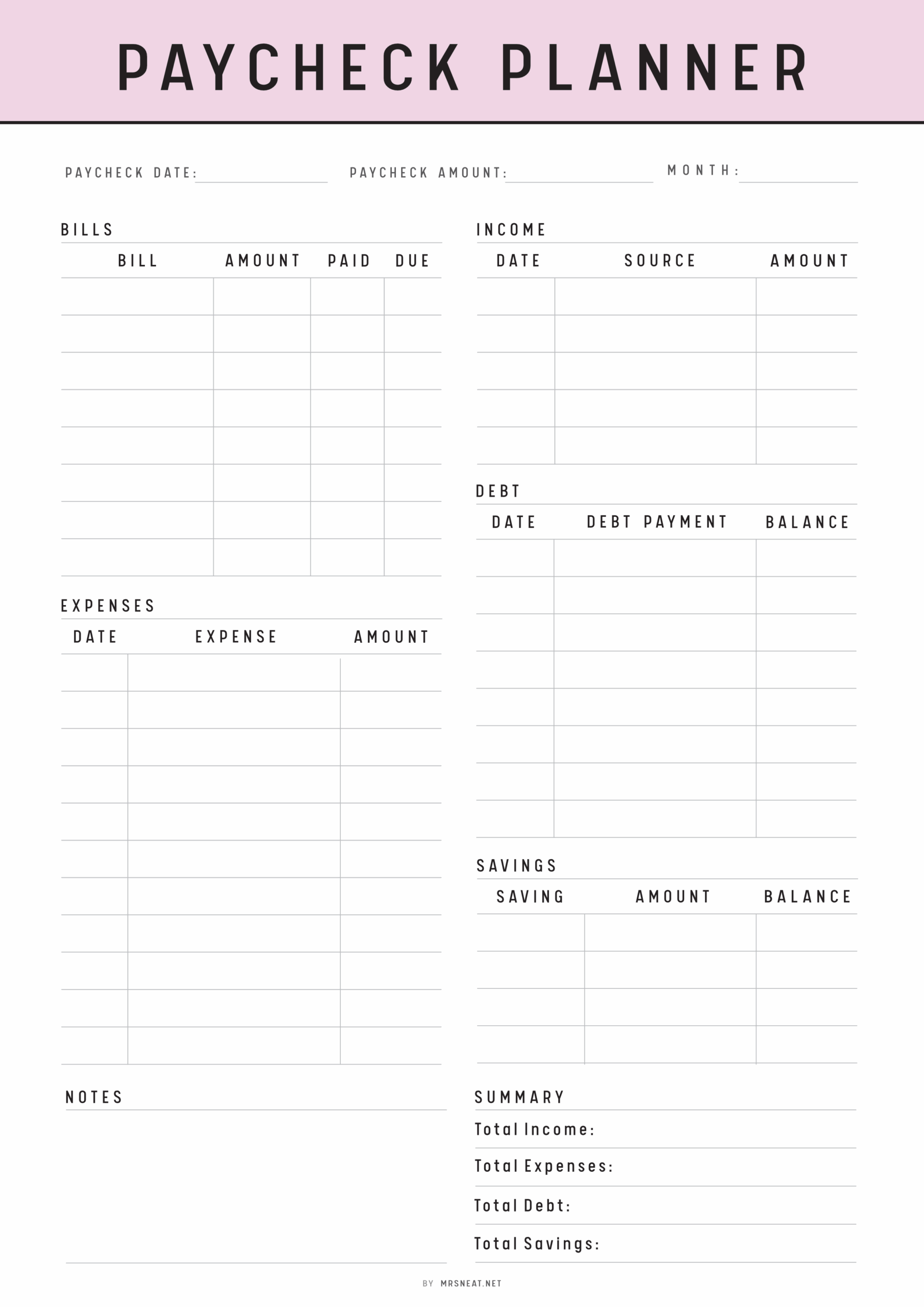 Printable Weekly Paycheck Budget Template