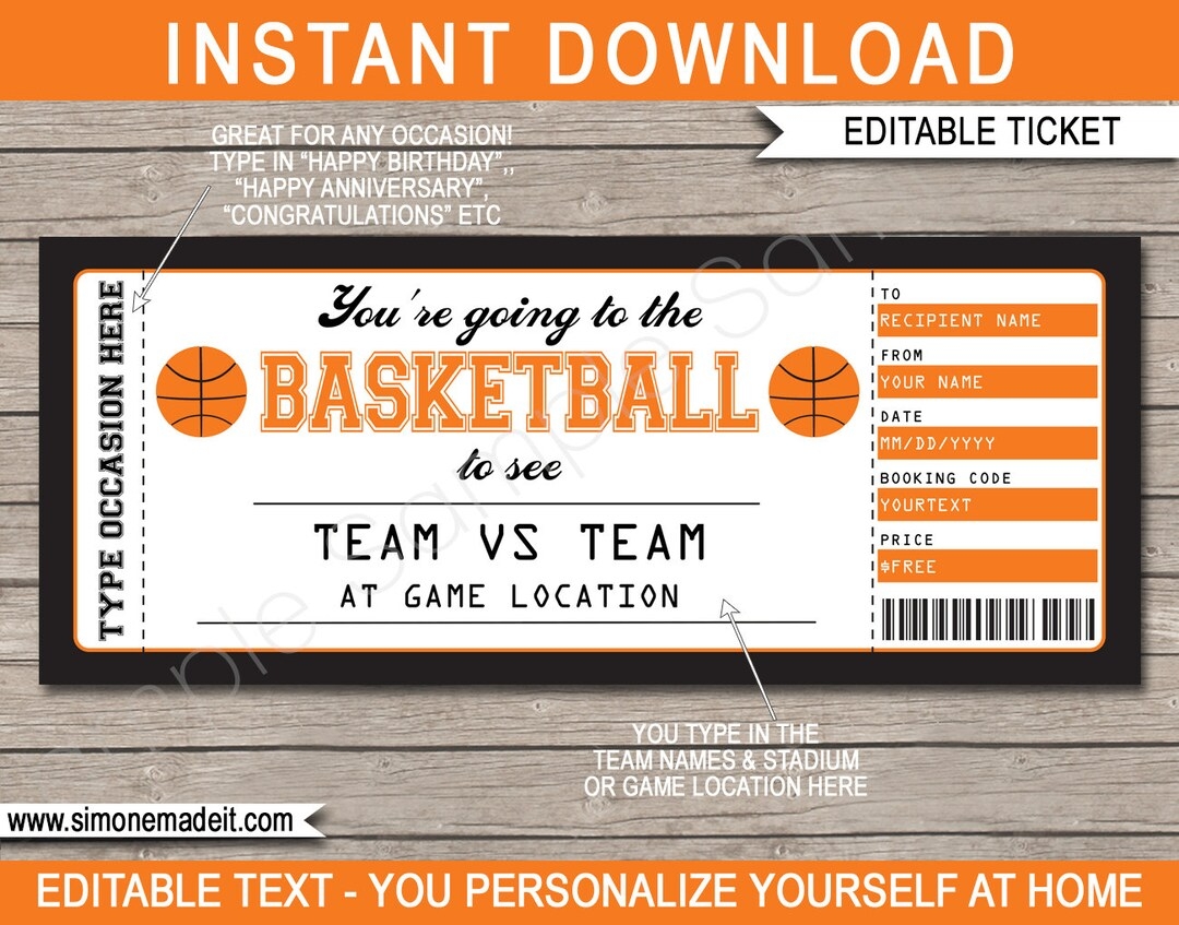 Printable Basketball Ticket Template Editable Surprise Gift Printable Basketball Ticket Template Editable Surprise Gift