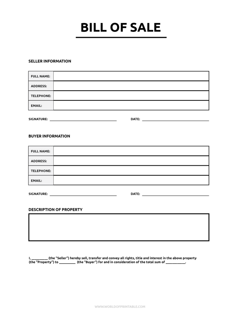 Printable Generic Bill Of Sale Template