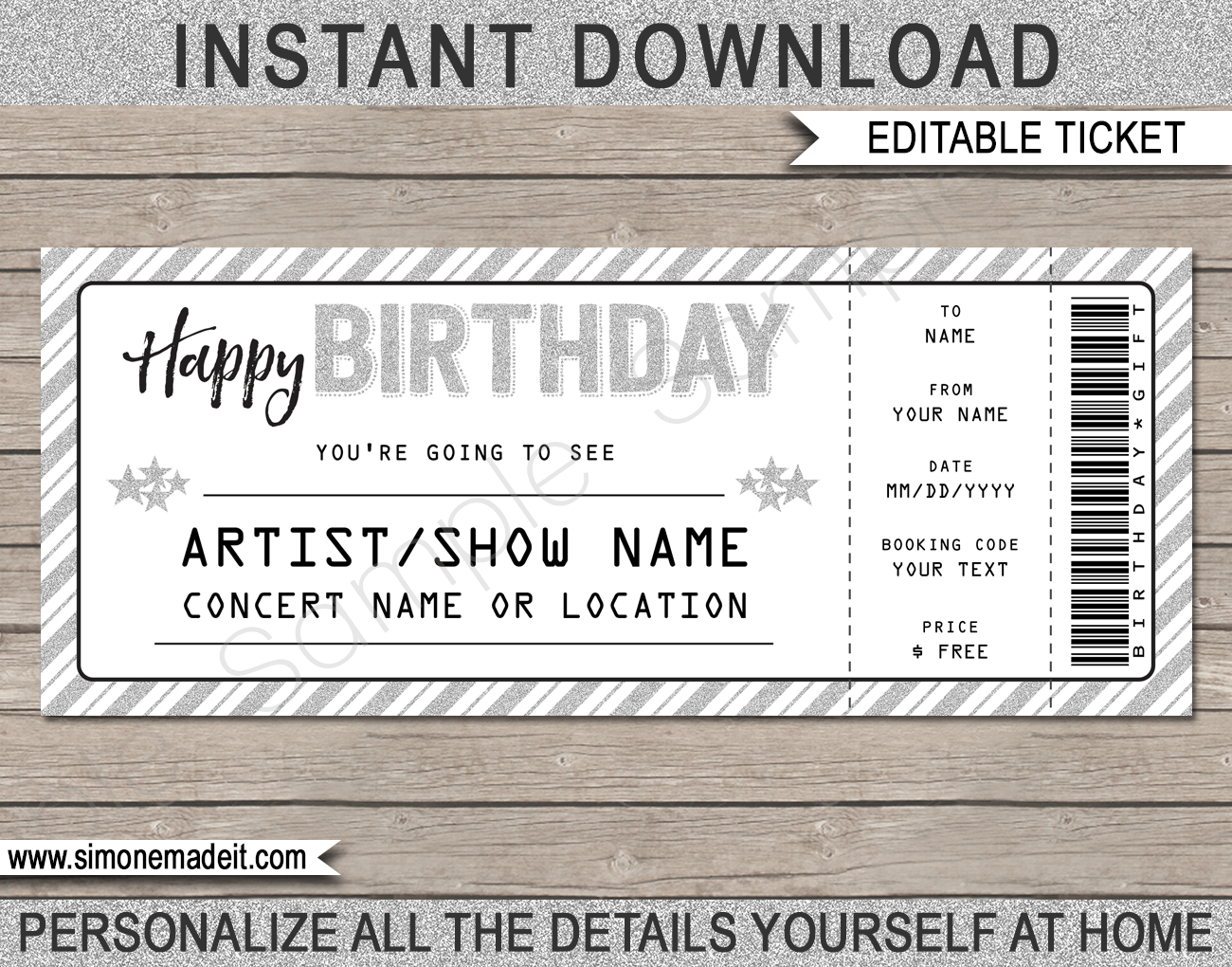 Printable Concert Ticket Template Birthday Gift Voucher