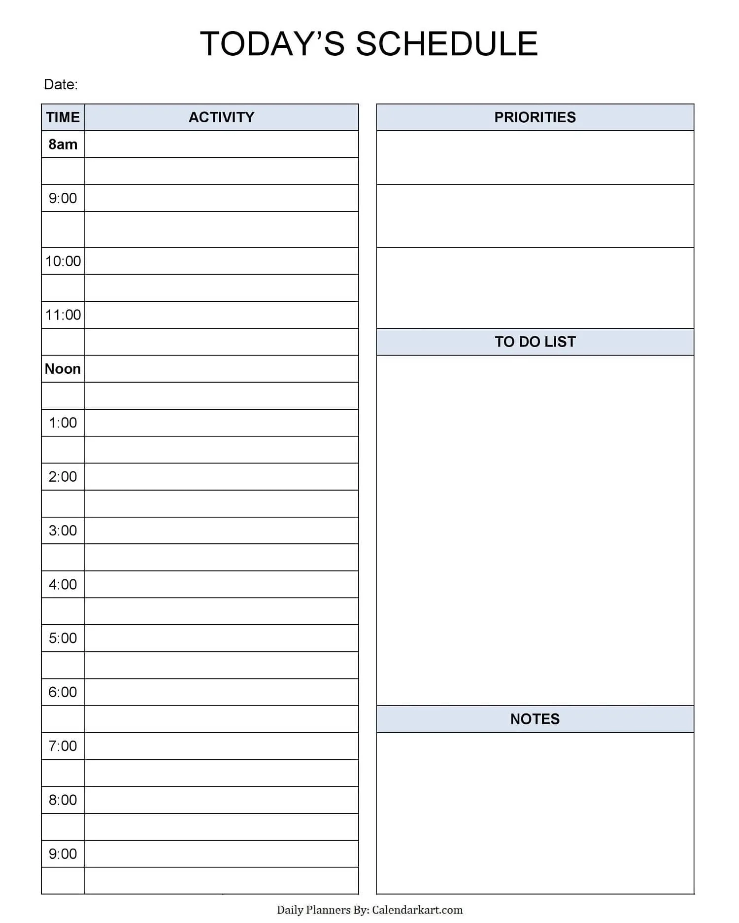 Daily Time Schedule Template Printable