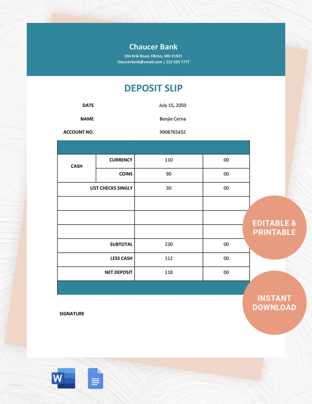 Printable Deposit Slip Template In Word Google Docs Download
