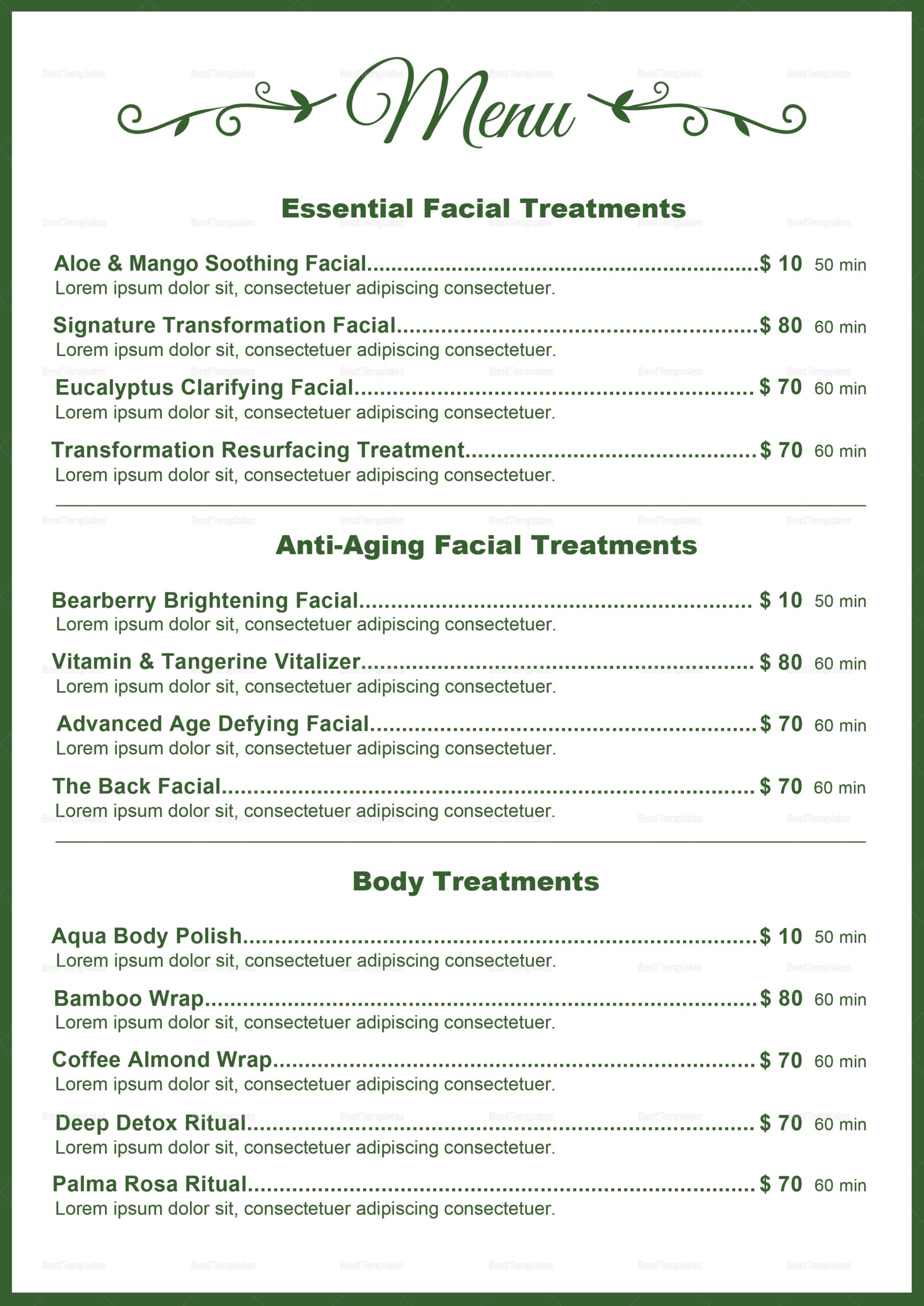 Free Printable Spa Menu Templates