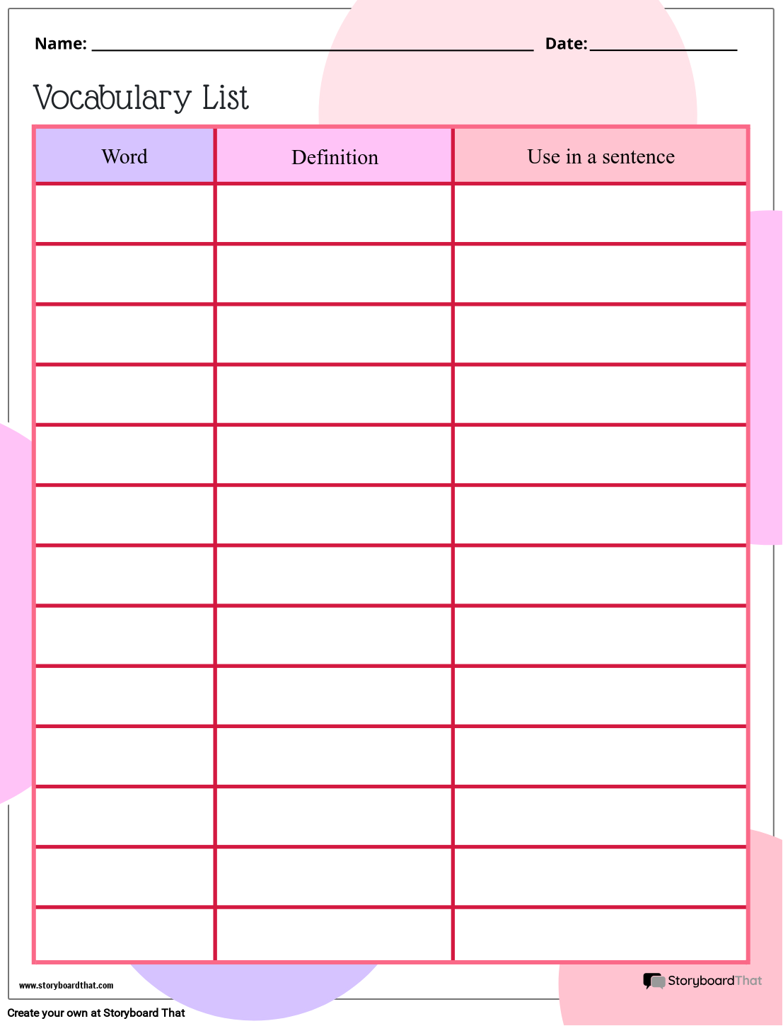 Storyboard That Free Vocabulary Worksheet Templates