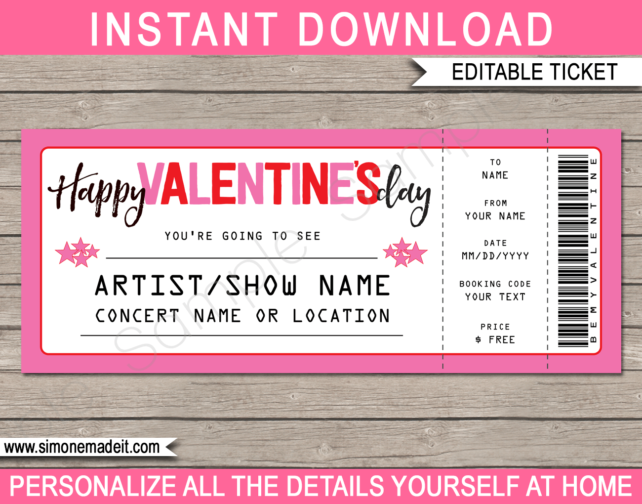 Valentine s Day Concert Ticket Template Printable Gift Voucher
