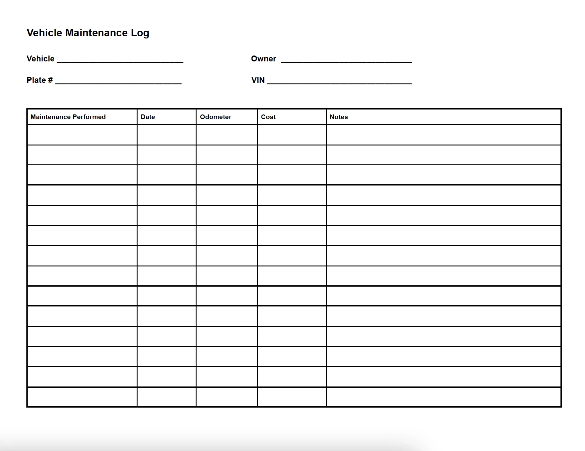 Vehicle Maintenance Log Word Template
