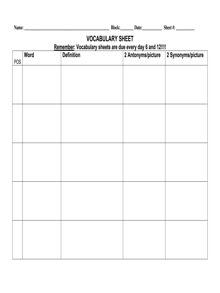 Vocabulary Sheet Form Fill Online Printable Fillable Blank 