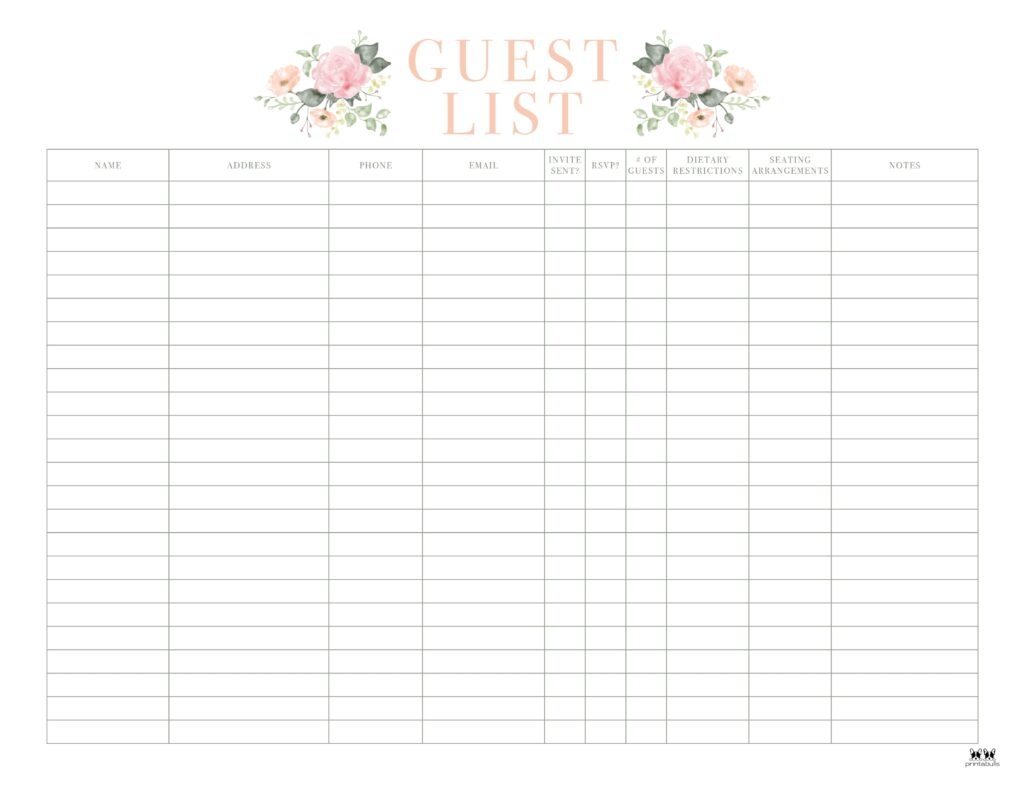 Wedding Guest List Templates 20 FREE Lists Printabulls