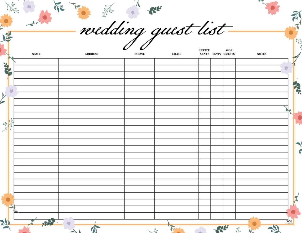 Wedding Guest List Templates 20 FREE Lists Printabulls