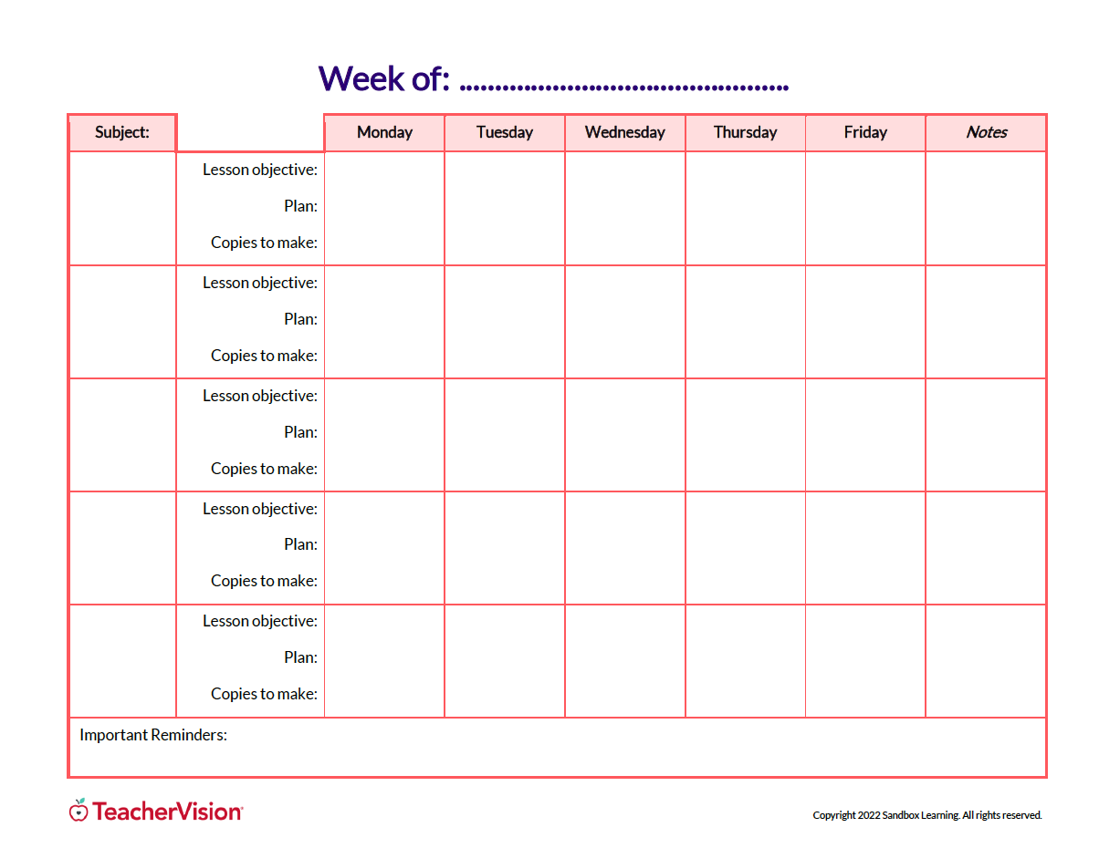 Weekly Lesson Plan Template Printable Weekly Lesson Plan Template Printable
