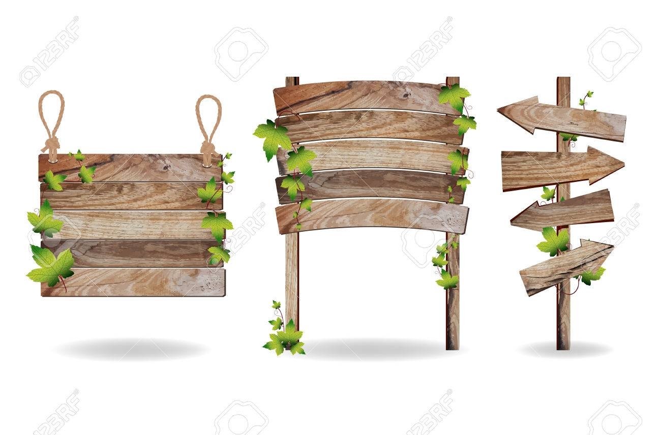 Wooden Signs With Green Leaves Decorative Elements Vector