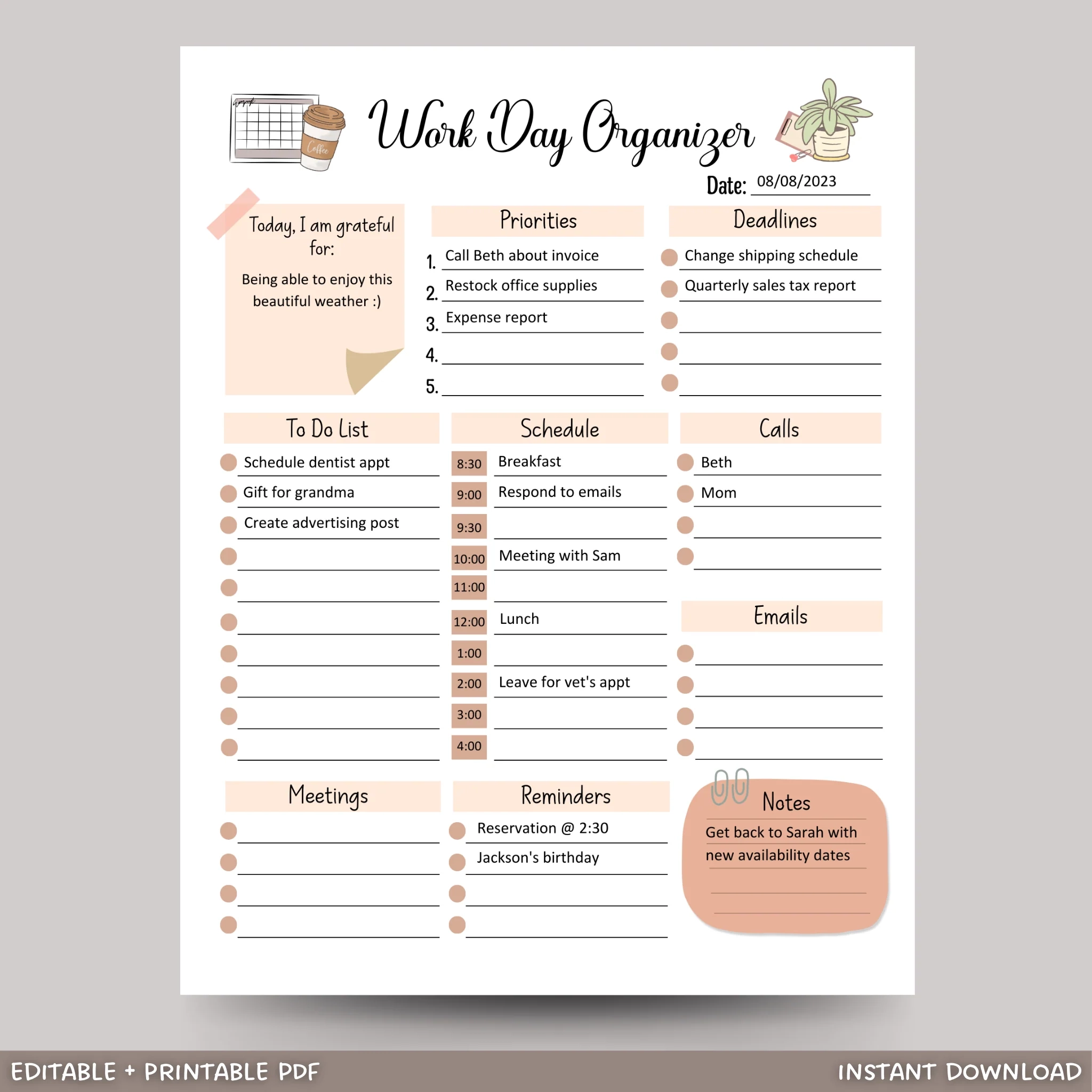 Work Day Organizer Editable Fillable Printable Daily Digital 