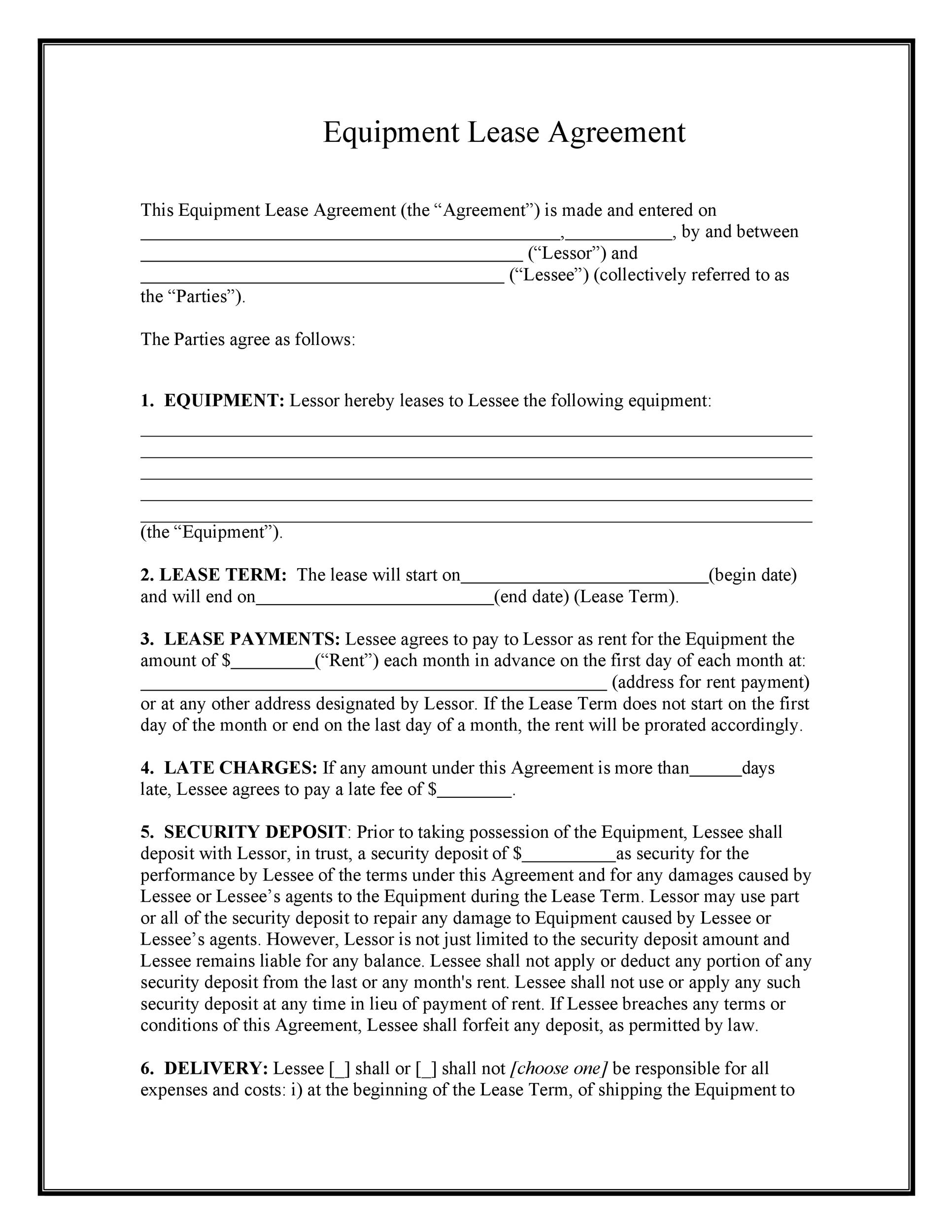 Printable Simple Equipment Rental Agreement Template Word